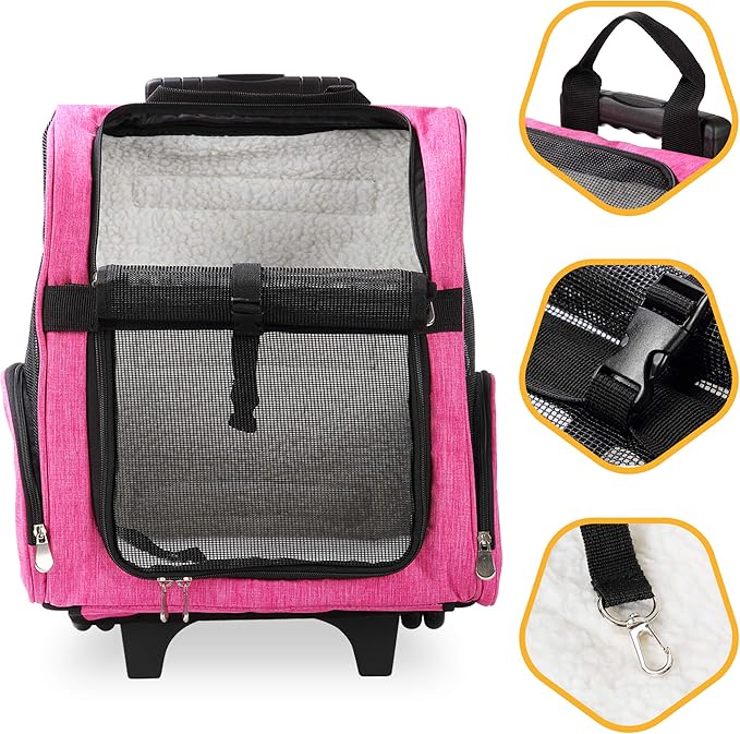 KOPEKS Deluxe Backpack Pet Travel Carrier with Double Wheels for Pets up to 18 Pounds - Pink