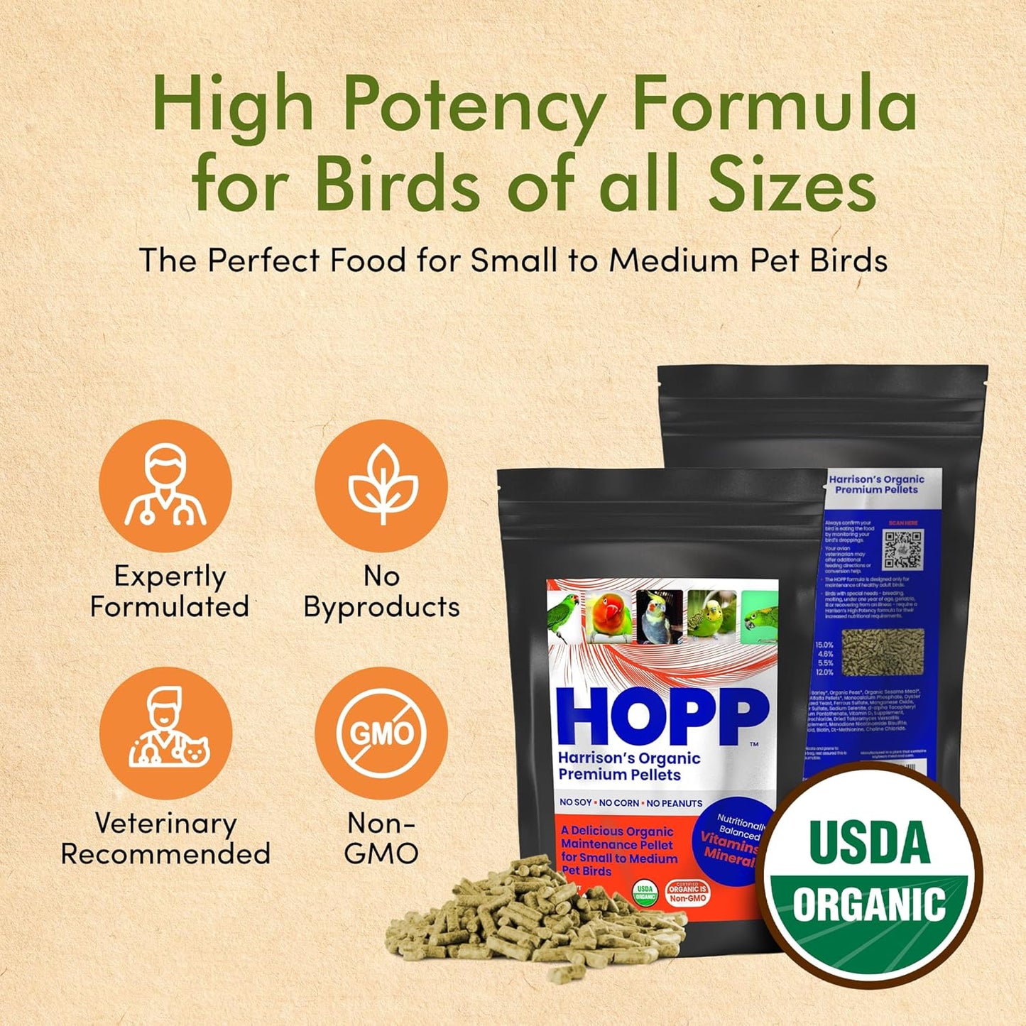Harrison's Organic Premium Pellets- a Well-Balanced, Certified Organic Small to Medium Pet Bird Diet—No Soy, Corn, and Peanuts for Those Seeking to Avoid These Ingredients