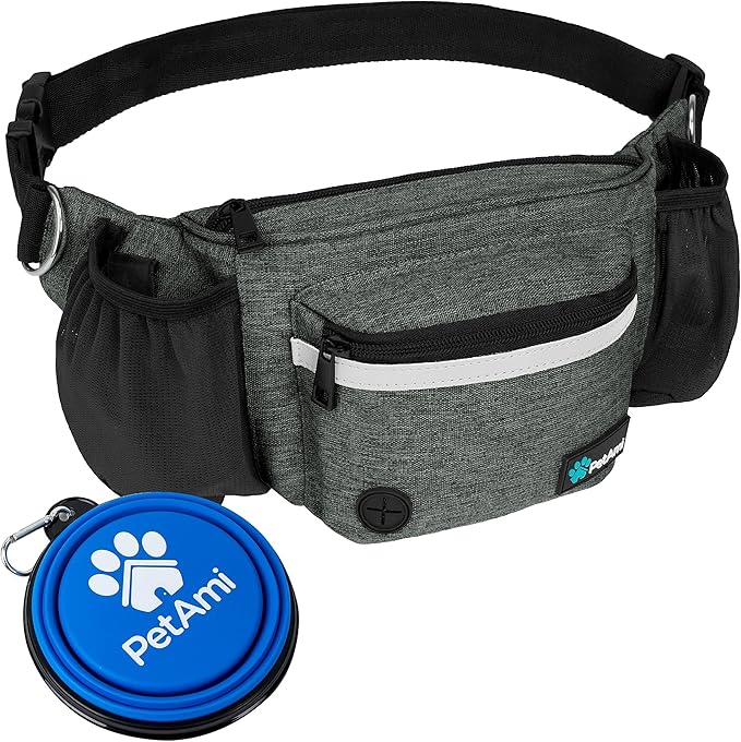 PetAmi Dog Fanny Pack, Treat Pouch for Dog Walking, Training, Built in Poop Bag Dispenser, Water Bottle Holder, Collapsible Bowl, Pet Treat Waist Belt for Hiking, Running, Kibbles (Charcoal)
