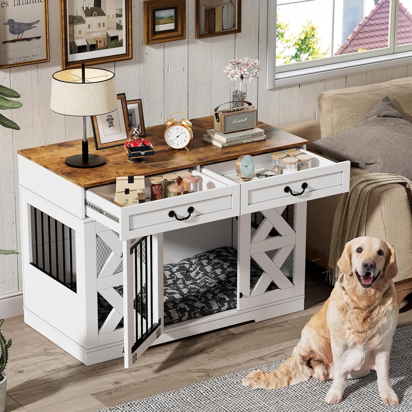 Large Dog Crate Furniture - Dog Kennel with Drawers Storage and Locks, 2-in-1 Crates for Dogs Indoor, Heavy Duty Dog Crate for One Large or 2 Small Dogs
