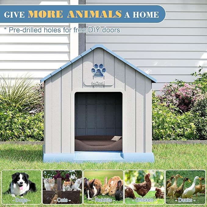 Large Dog House Outdoor Indoor for Medium Large Dogs, Durable Plastic Waterproof Doghouse with Air Vents and Elevated Floor, Easy Clean and Assemble (Blue, 31" L x 33.3" W x 33.5" H)