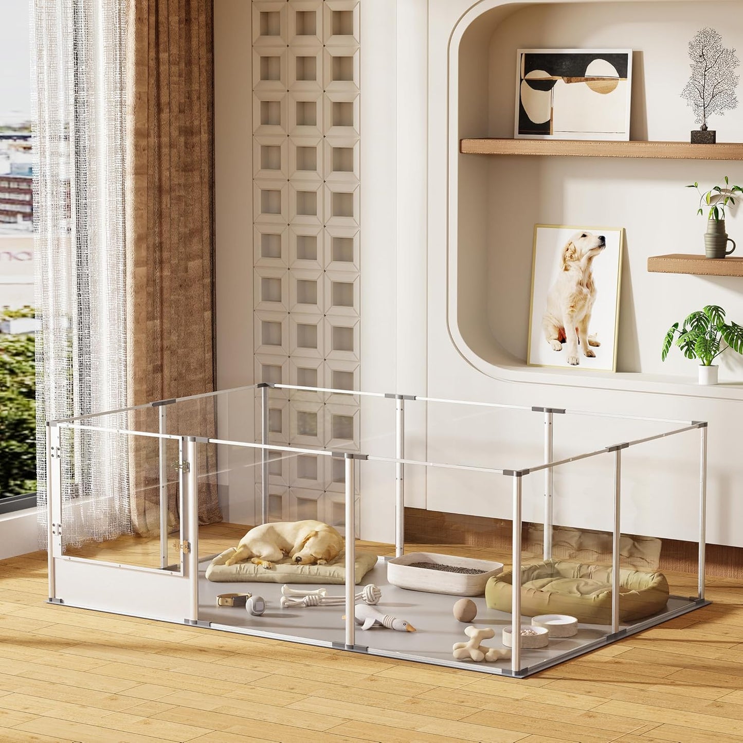 Dog Clear Playpen Fence Kennel: 10Panels Indoor Transparent Whelping Box Pen Cage with Waterproof whelping pad - Extra Long Acrylic Exercise Kennel with Metal Frame for Cats Puppy Rabbits Guinea Pig