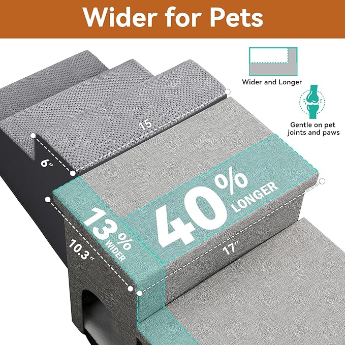 Dog Stairs 15" H, 2-Step Wider Dog Steps for Small/Medium/Large Old Dogs Cats, Folding Sturdy Storage Pet Stairs Climbing Bed Couch, Dog Ramp for Car Hold Up to 150 lbs(Gray, with Condo)