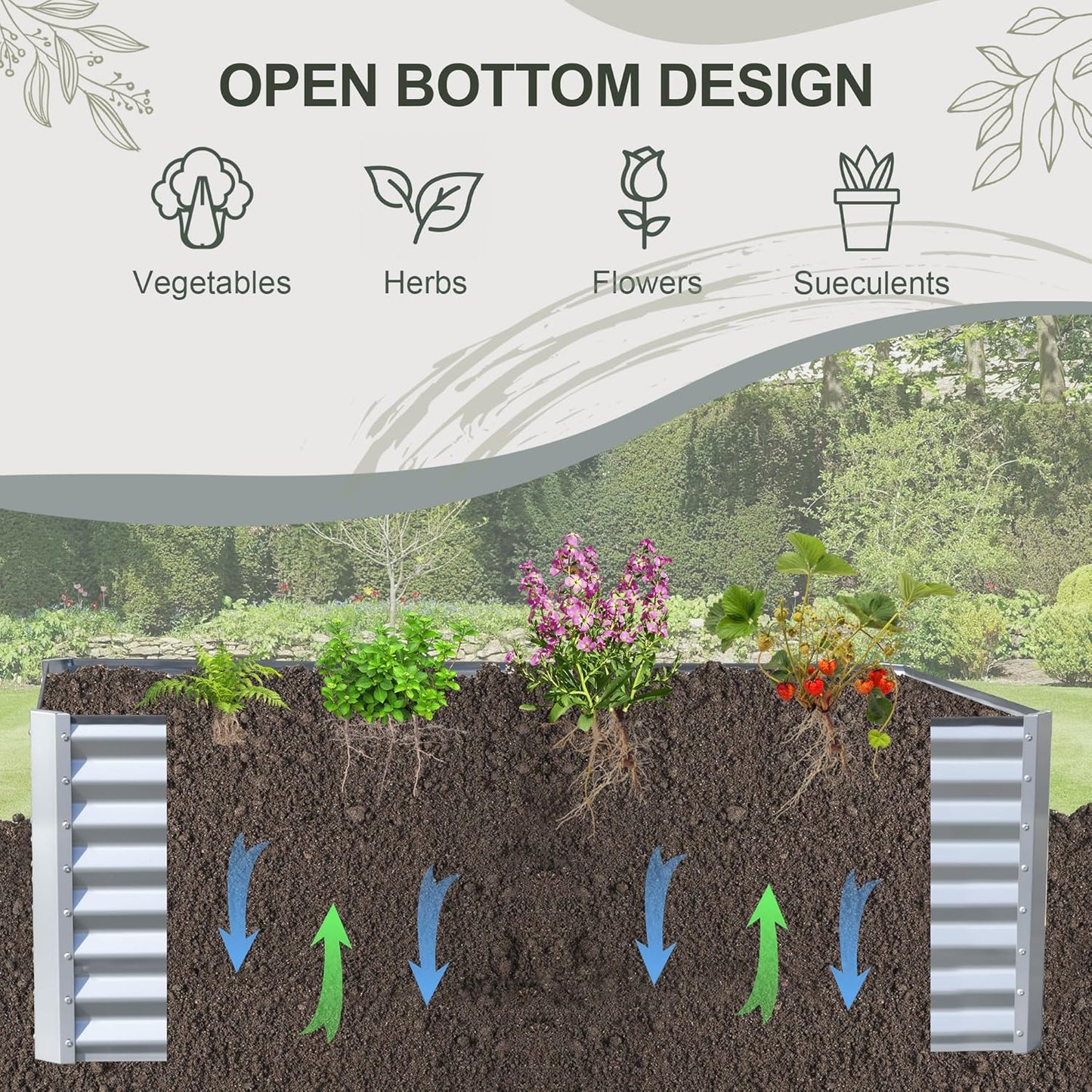 Domi Raised Garden Beds Outdoor, 6x3x2ft Thickening Tall Metal Rectangular Deep Root Box Planter for Vegetables, Flowers, Herbs, and Succulents 2" Deep w/ 256 Gallon Capacity - Silvery