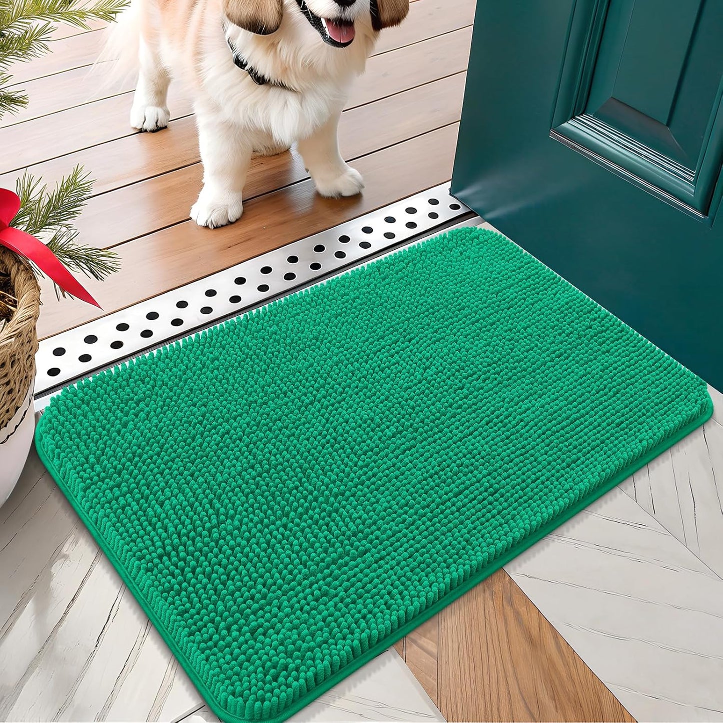 OLANLY Dog Door Mat for Muddy Paws 24x16, Absorbs Moisture and Dirt, Absorbent Non-Slip Washable Doormat, Quick Dry Chenille Mud Mat, Entry Indoor Entryway Carpet for Inside Floor, Emerald Green