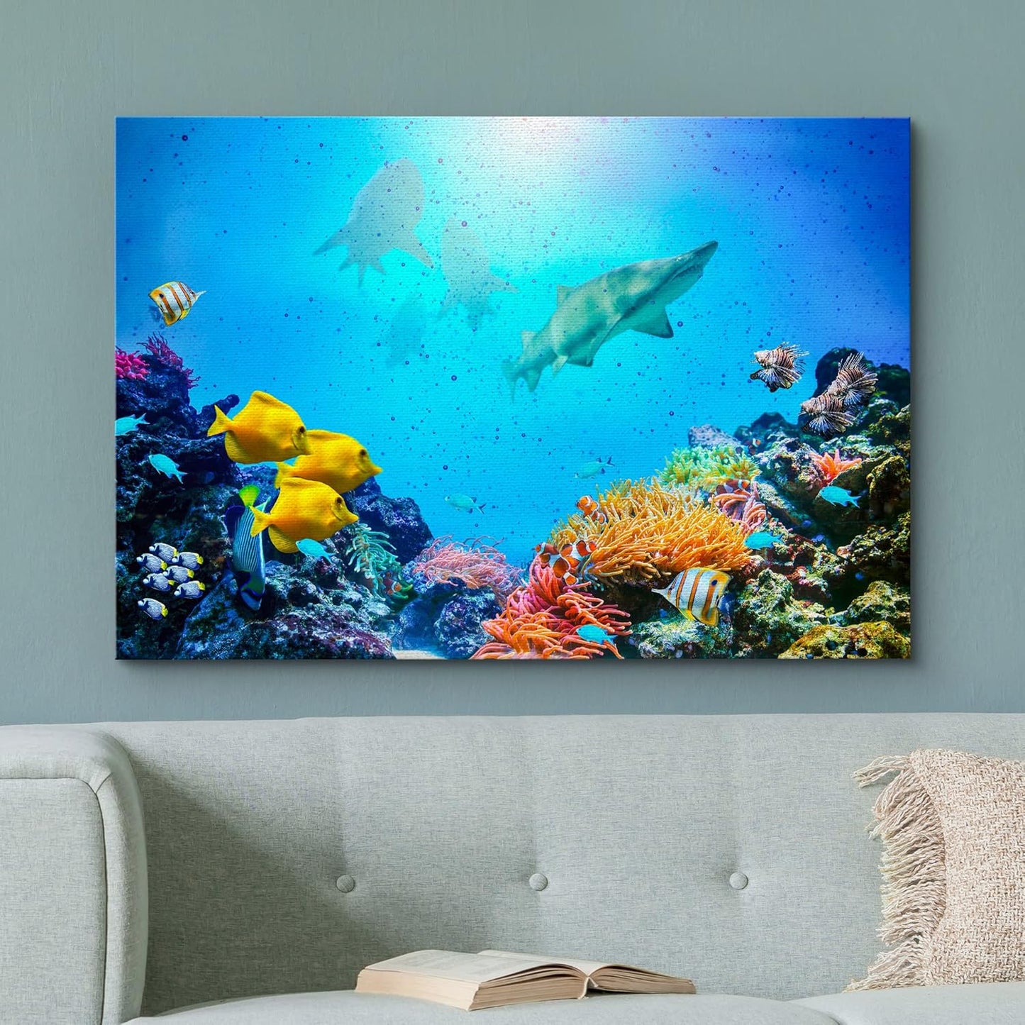 wall26 Canvas Print Wall Art Vibrant Coral Reef Shark Fish Anemone Reef Nature Animals Photography Realism Rustic Scenic Landscape Wilderness Earth for Living Room, Bedroom, Office - 12"x18"
