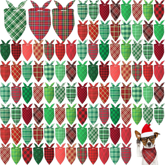 Abbylike 100 Pcs Christmas Dog Bandanas Bulk Red and Green Buffalo Plaid Xmas Bandanas for Dogs Triangle Kerchief Bibs Scarf Set with Christmas Patterns for Pets Costume Photo Props Accessories