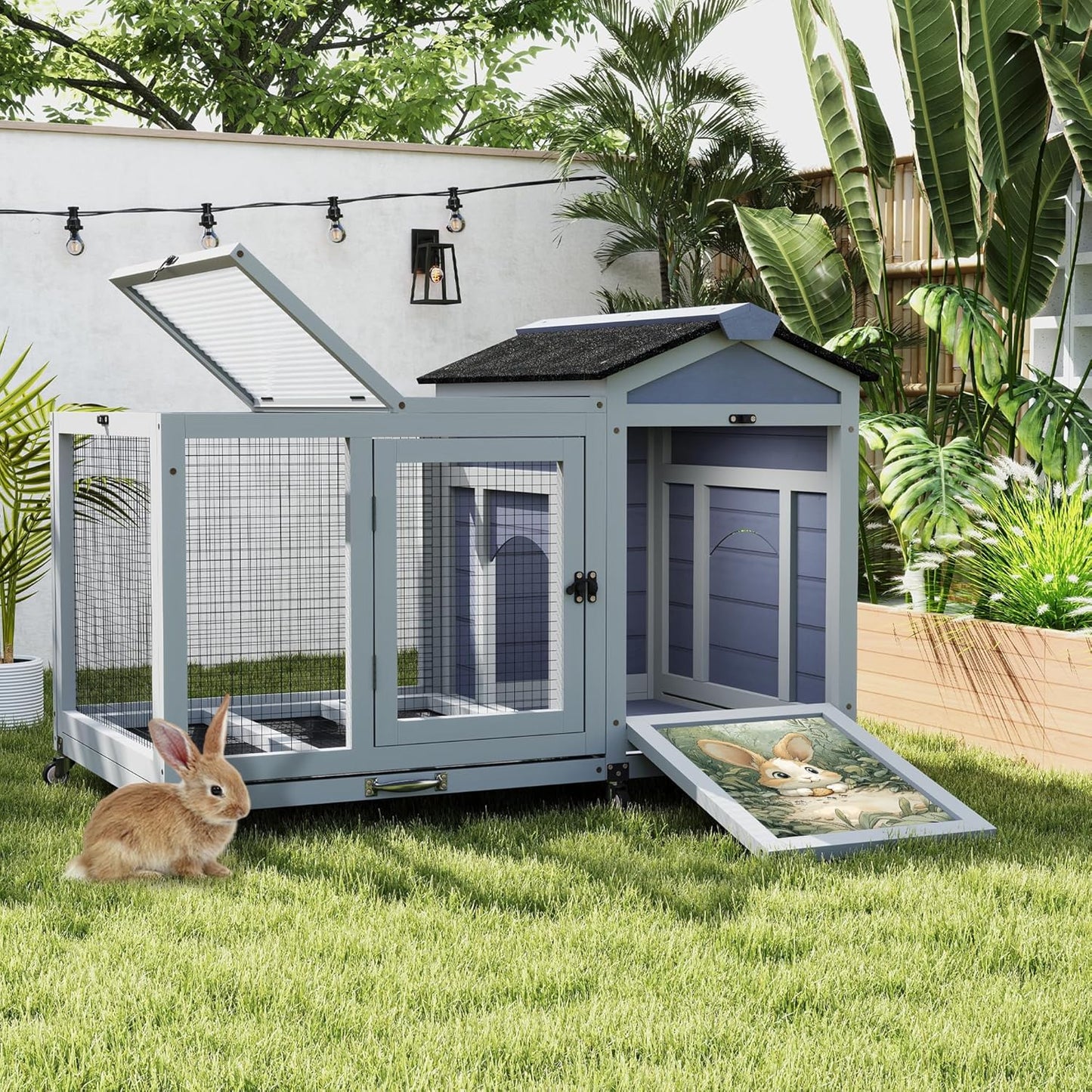 COZIWOW 38.5inches Durable Wooden Rabbit Cage Indoor，Wide Space Small Animal House with Removable Tray&Safety Lock，Rubbit Hutch with Waterproof Roof&Solar Panels (Grey with Pattern)