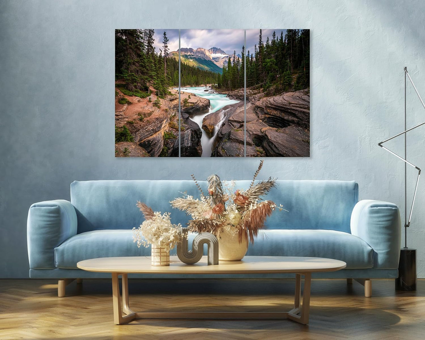 Nature Wall Art Prints - Ocean Forest Mountain Lake Canvas Landscapes - Small to Extra Large Living Room Bedroom Kitchen Bathroom Décor (Mountain River Waterfall, 55L" x 83W"- 3 Panels)