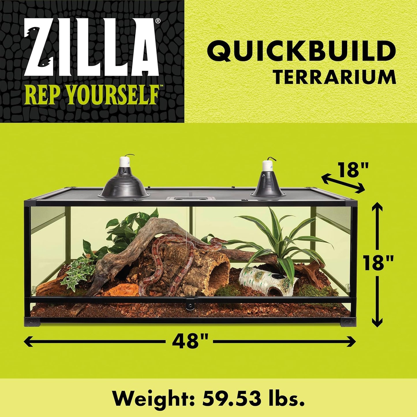 Zilla QuickBuild Reptile 65 Gallon Glass Terrarium Habitat with Sliding Door For Geckos, Snakes, Lizards, Frogs, Turtles, and Tortoises, 48" x 18" x 18"