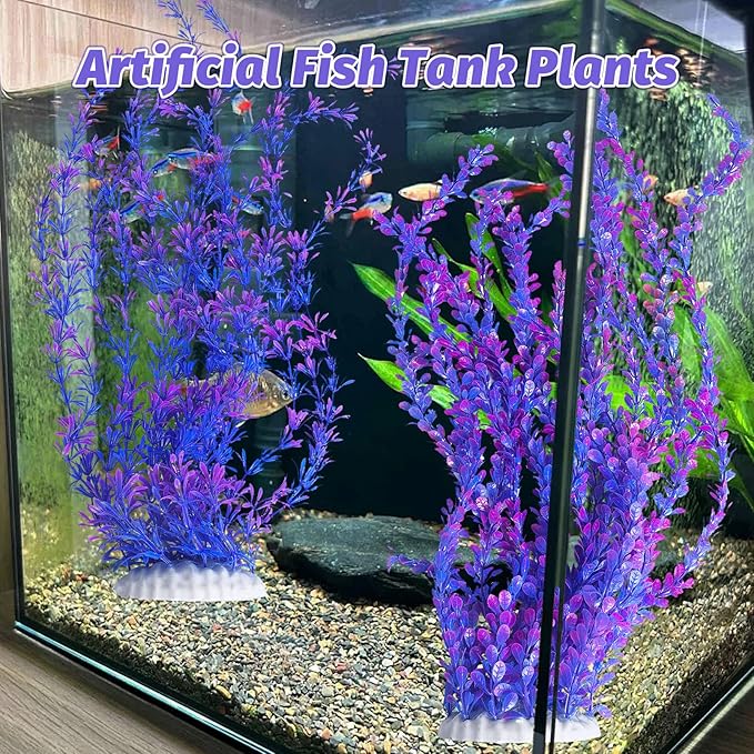 Hamiledyi Aquarium Plastic Plants Aquarium Decor Artificial Fish Tank Plants,Tall Fish Tank Decorations, Extra Large Aquarium Plant 23.6-inch Tall,2PCS（Purple Style B）