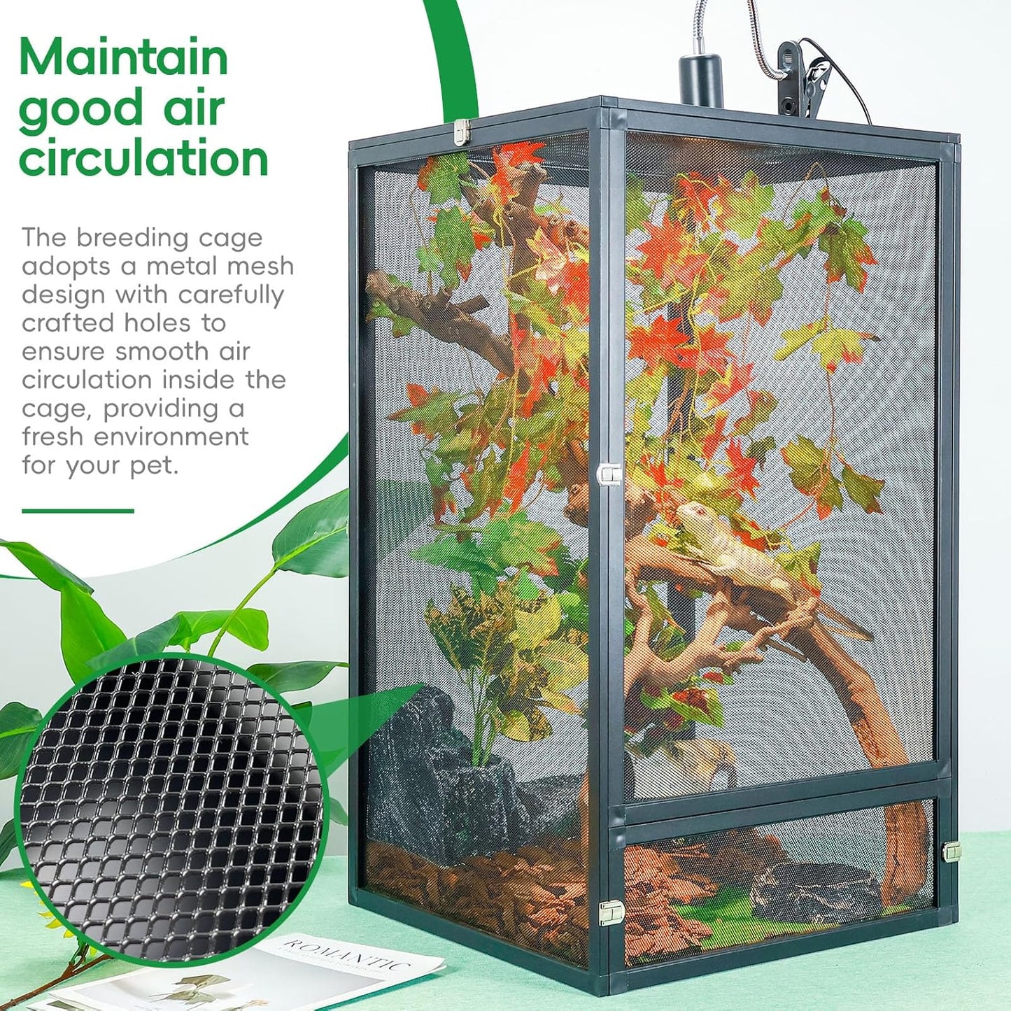 45 Gal Detachable and Foldable Reptile Butterfly Cage Terrarium, 360° Observation, Airflow, Interaction in Gecko Tank for Crested Geckos, Leopard Geckos, Chameleons, Bearded Dragons