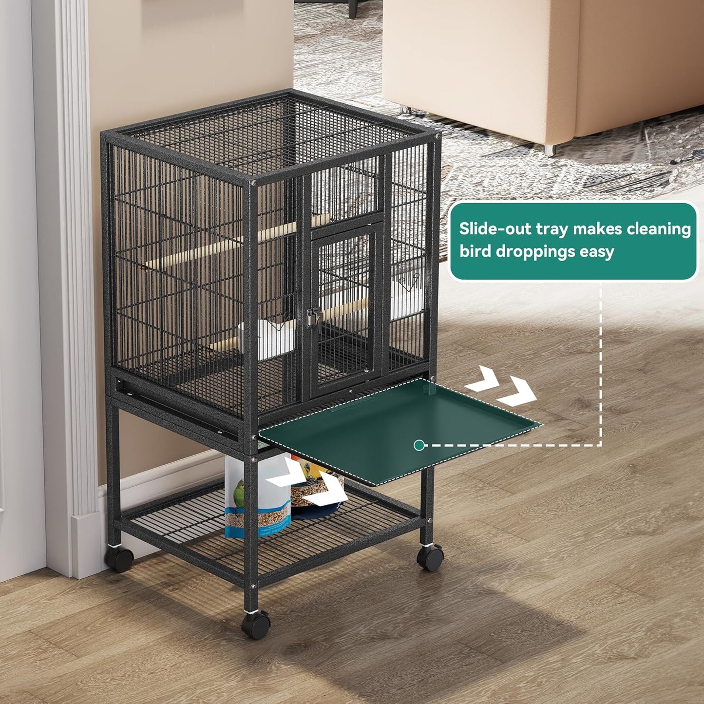 YITAHOME 41 inches Metal Bird Cage for Parakeets: Large Parrot Cages with Tray, Food Boxes, and Wooden Perches with Rolling Stand & Brakes for Lovebirds Cockatiels Pigeon Finches, Black