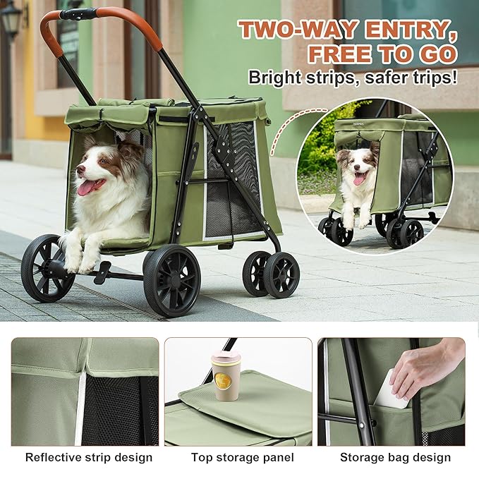 Medium Dog Stroller, Dual Entry One-Touch Folding,Small and Medium Pet Stroller,360° Rotating Front Wheels,70 lbs Weight Capacity for Outdoor Travel and Elderly Dogs - Green