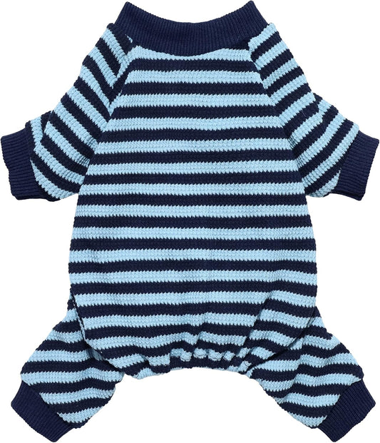 Fitwarm Blue and White Striped Dog Pajamas, Waffle Dog Clothes for Small Dogs Girl Boy, Puppy Onesie with Feet, Pet Cat Outfit, Small