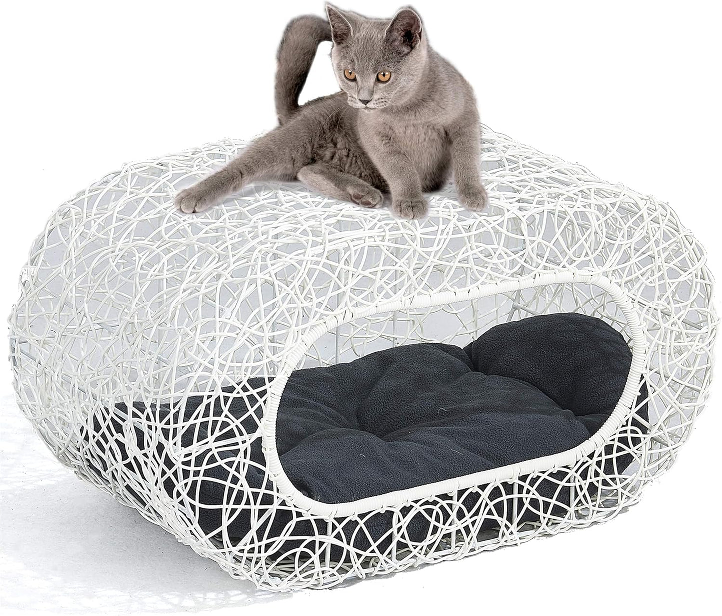 D+GARDEN Fun Stackable White Cat Condo for Indoor Cats - Interactive Play Rattan Modern Cat House for Indoor Cats Kitty, Pet Friendly Top/Side House Entry, Cat Bed Enclosed