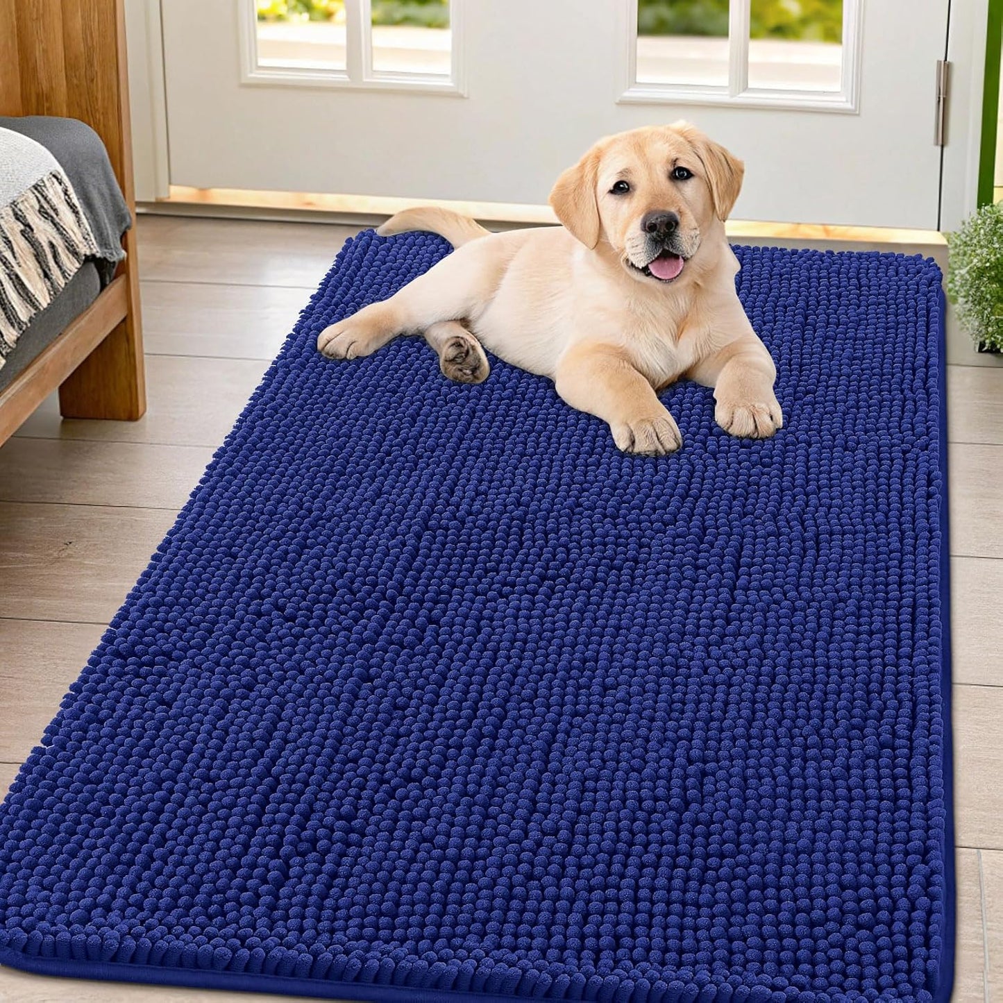 Smiry Dog Door Mat for Muddy Paws 47x32, Absorbs Moisture and Dirt Doormat, Non-Slip Washable Quick Dry Chenille Front Door Mat Indoor Entrance, Entryway Carpet for Inside Floor, Navy Blue