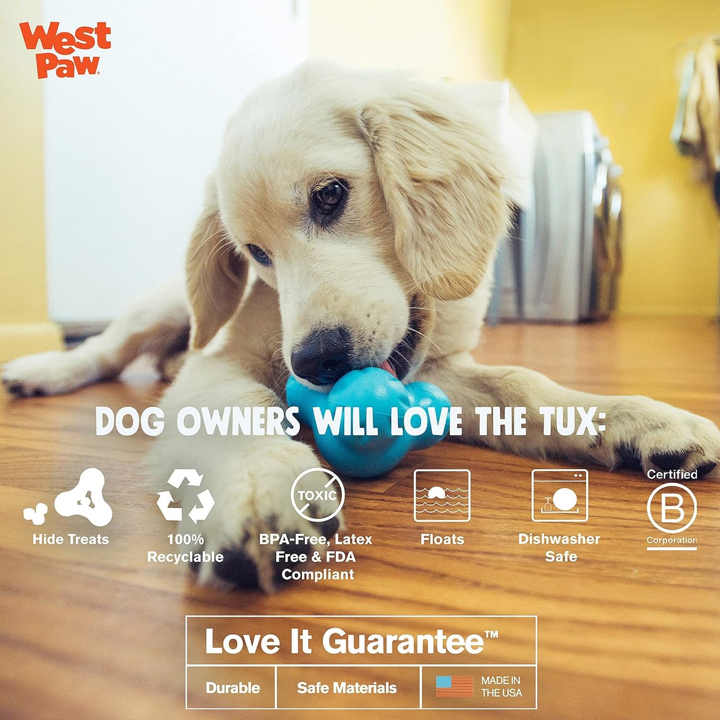 WEST PAW Zogoflex Tux Treat Dispensing Dog Chew Toy – Interactive Chewing Toy for Dogs – Dog Games for Aggressive Chewers, Fetch, Catch – Holds Kibble, Treats, Small 4", Aqua Blue