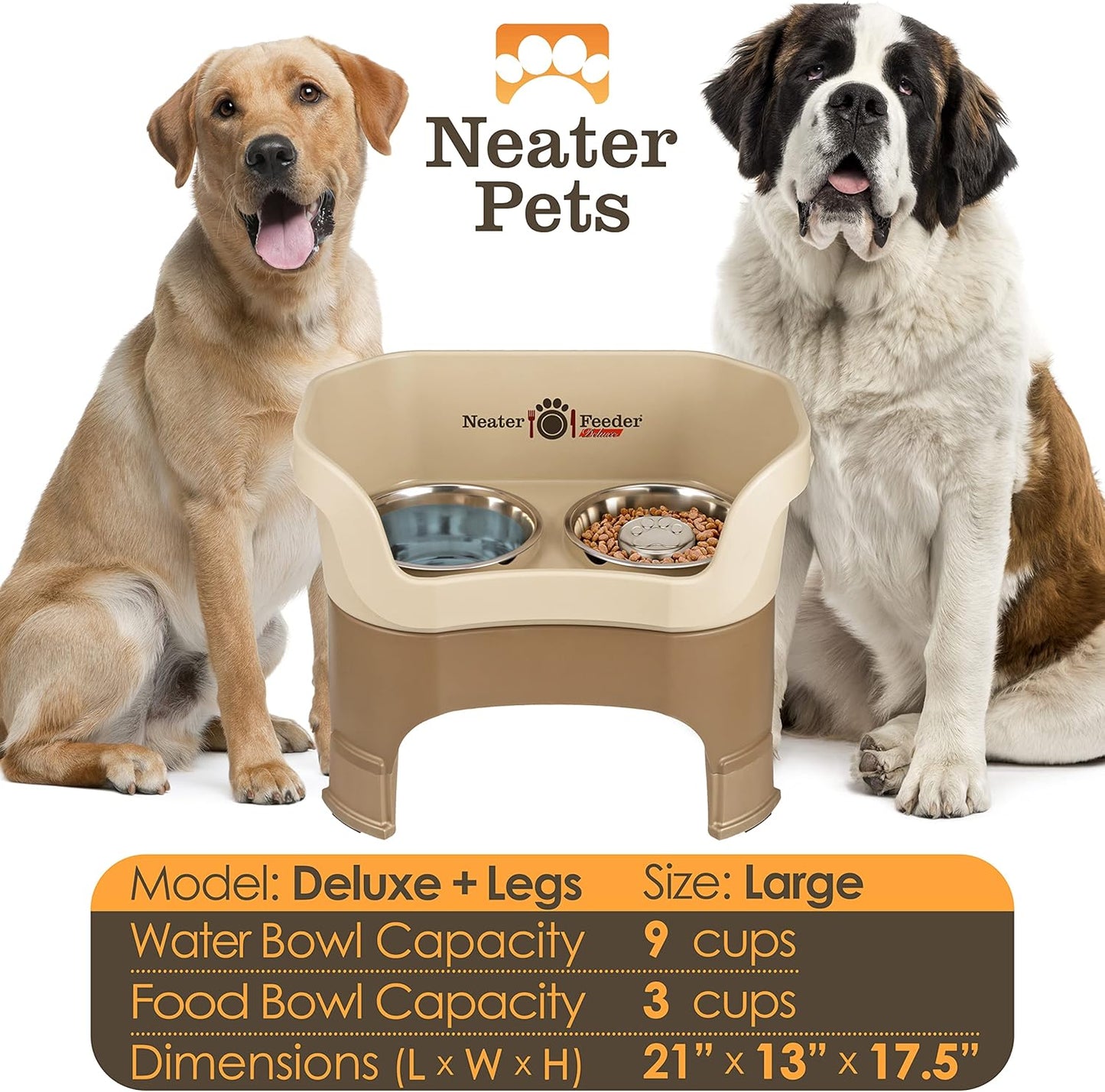 Neater Feeder Deluxe Mess Proof Dog Bowls Elevated for Large Breeds – Made in USA – No Spill Raised Slow Feeder Elevated Dog Bowl Stand w/Leg Extensions, Food and Water Bowl Set, Cappuccino