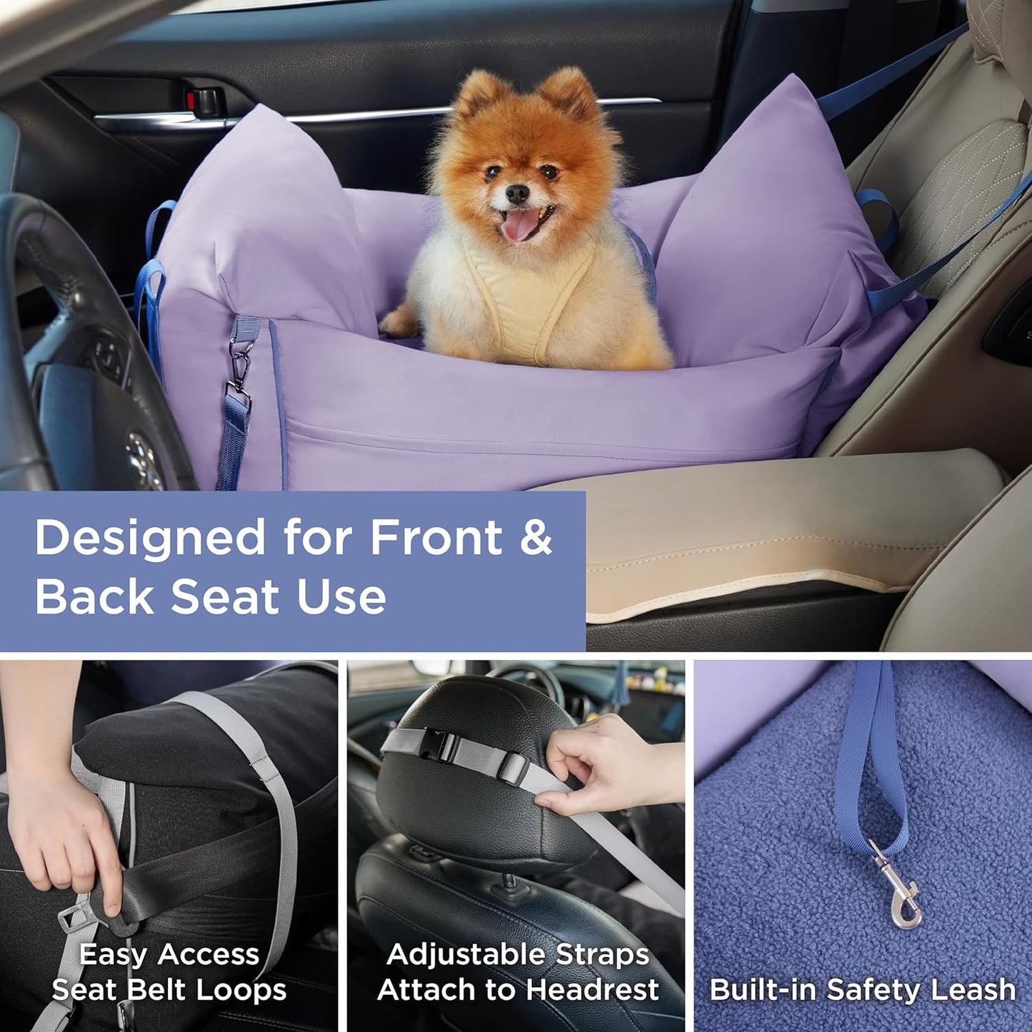 Lesure Small Dog Car Seat for Small Dogs - Waterproof Dog Booster Seat for Car with Storage Pockets and Clip-On Safety Leash and Thickened Memory Foam Filling, Puppy Travel Carrier Bed, Lavender Fog