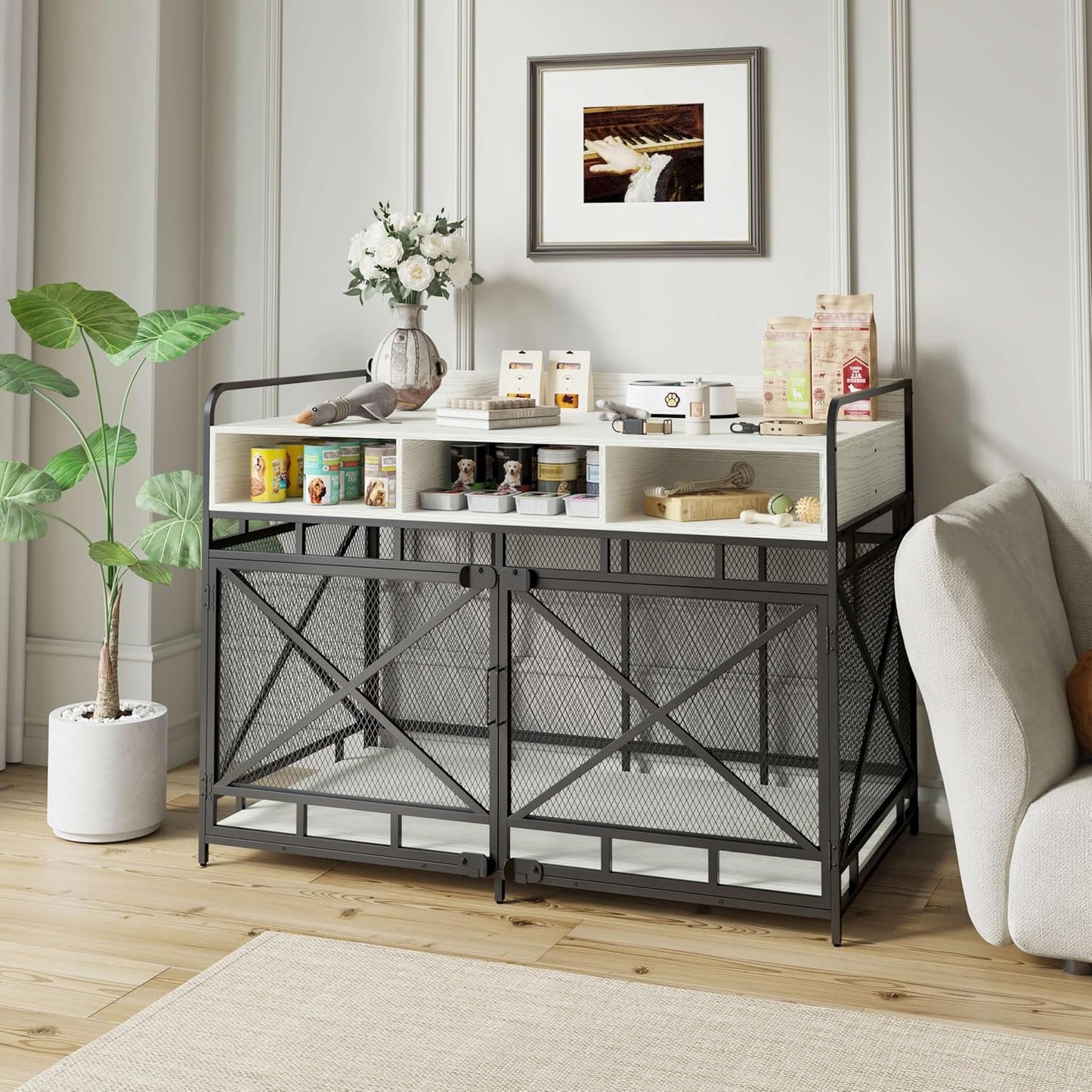 Dog Crate Furniture, 48" Heavy Duty Wooden Dog Crate End Table, XL Dog Kennel Furniture Large Breed, Decorative Dog Kennel Indoor with 3 Drawers & Steel Tube 48"L x28"W x36"H (White and Black)