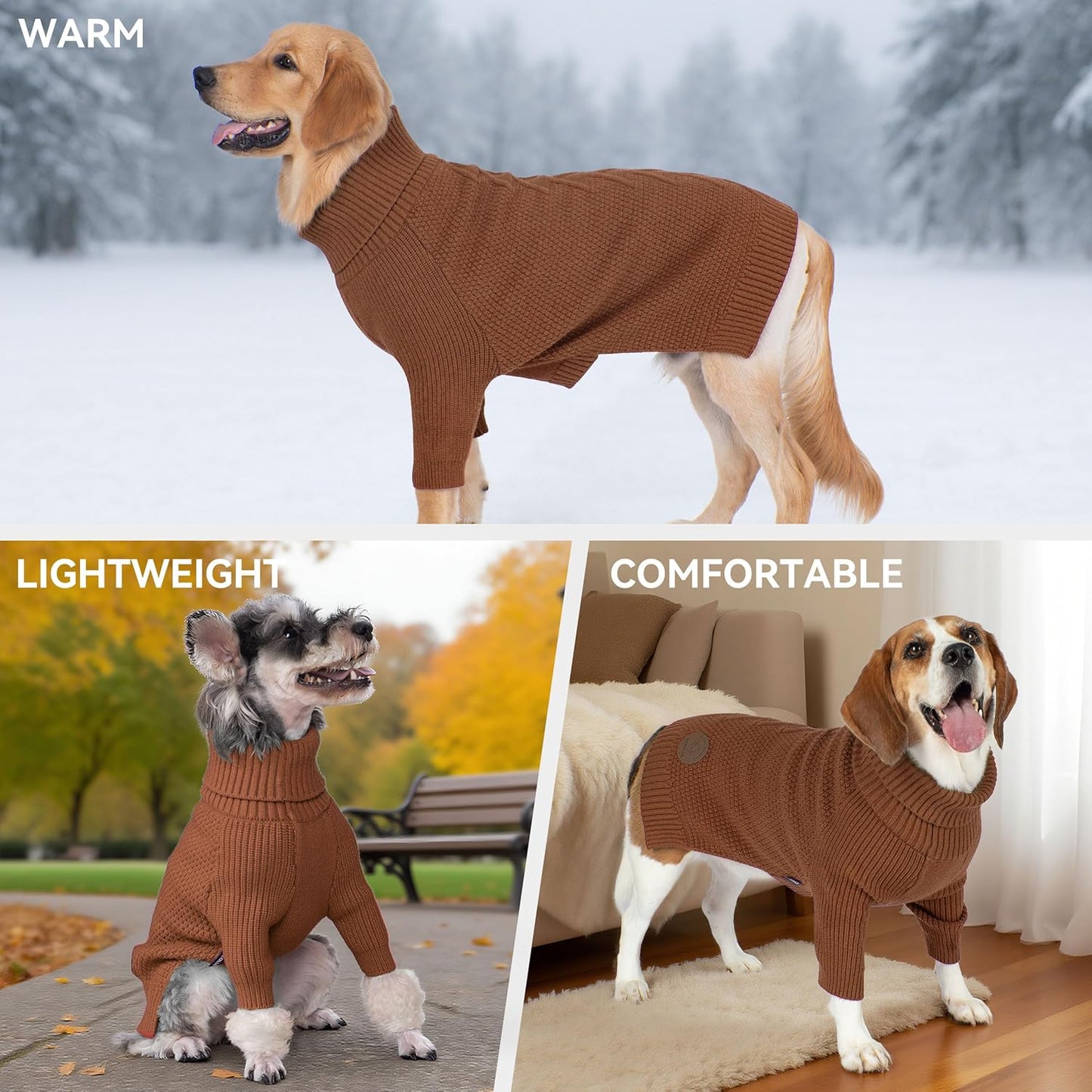 cyeollo 2XL Dog Sweater, Warm Stretchy Sweaters for Large Dogs Boy, Pullover Knitted Thermal Winter Big Dog Clothes with Sleeves, Turtleneck Pet Beagle Border Collie Apparel, Brown XXL