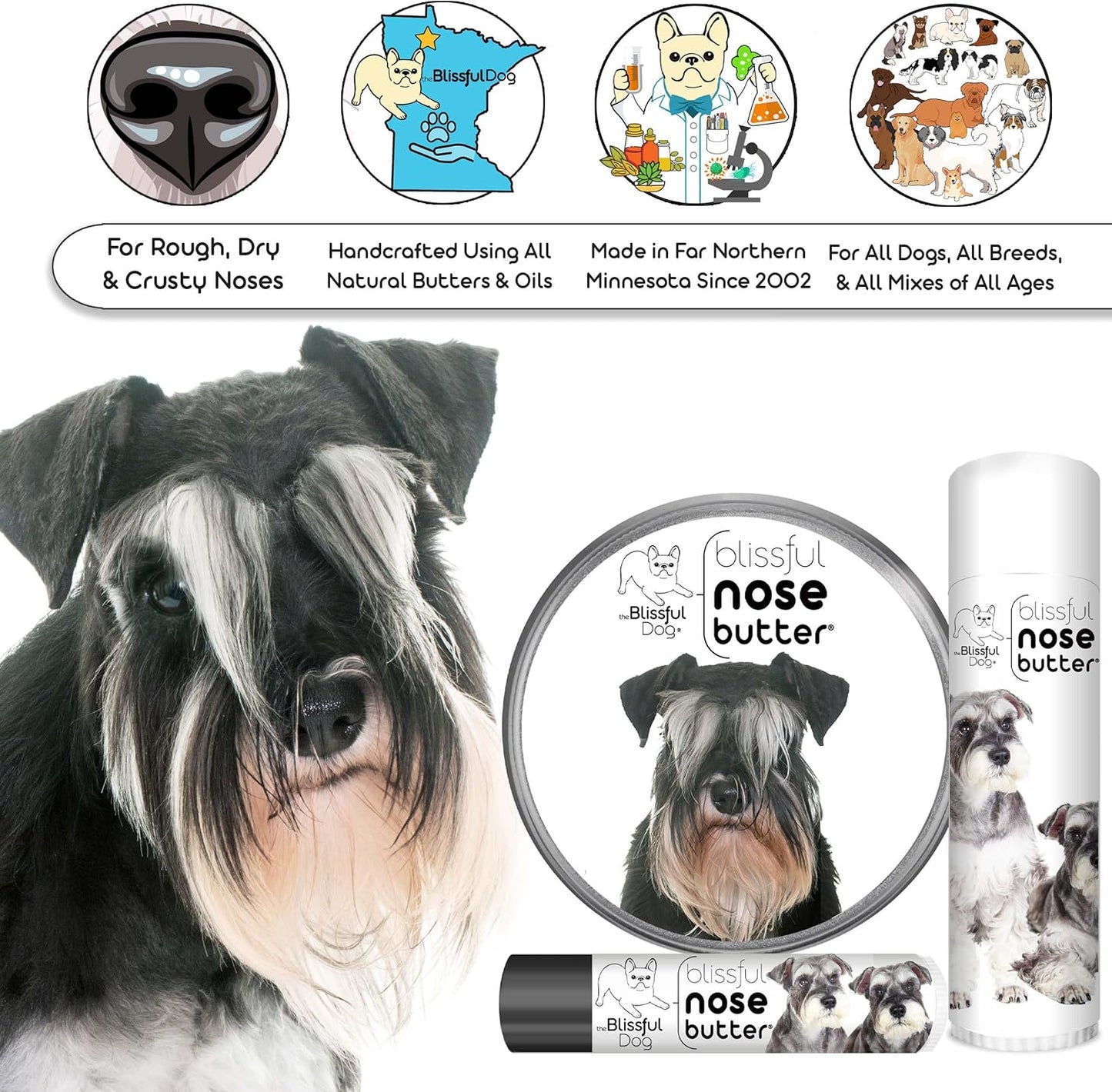 The Blissful Dog Schnauzer Nose Butter for Dry, Cracked Skin, Lick-Safe Dog Nose Balm with Moisturizing Shea Butter, Almond, Olive, and Essential Oils, Pet Supplies, Uncented, 1 oz.