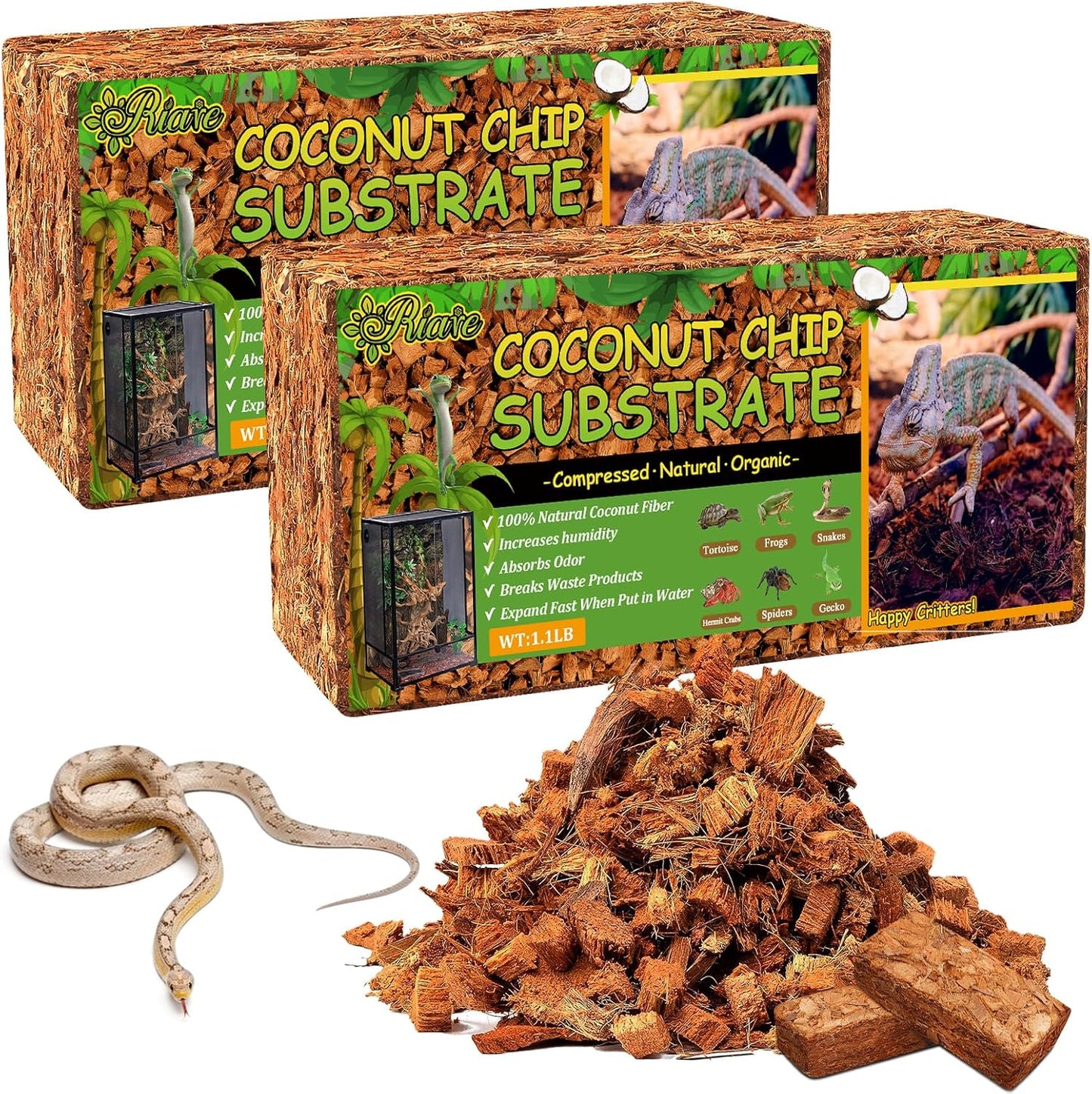 Riare 2 Pack Natural Coconut Chip Substrate for Reptiles- Compressed Coconut Husk Reptiles Bedding, Coco Husk Chip Terrarium Substrate for Snakes, Tortoises, Ball Python, Frogs, Bearded Dragon, Lizard