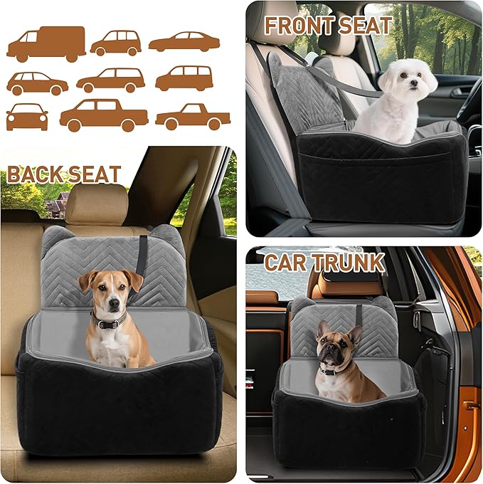 Dog Car Seat Booster with Waterproof Cover, Memory Foam, Small/Medium Dog Bed for Car Back Seat for Travel, Black/Grey, 2 Safety Belt