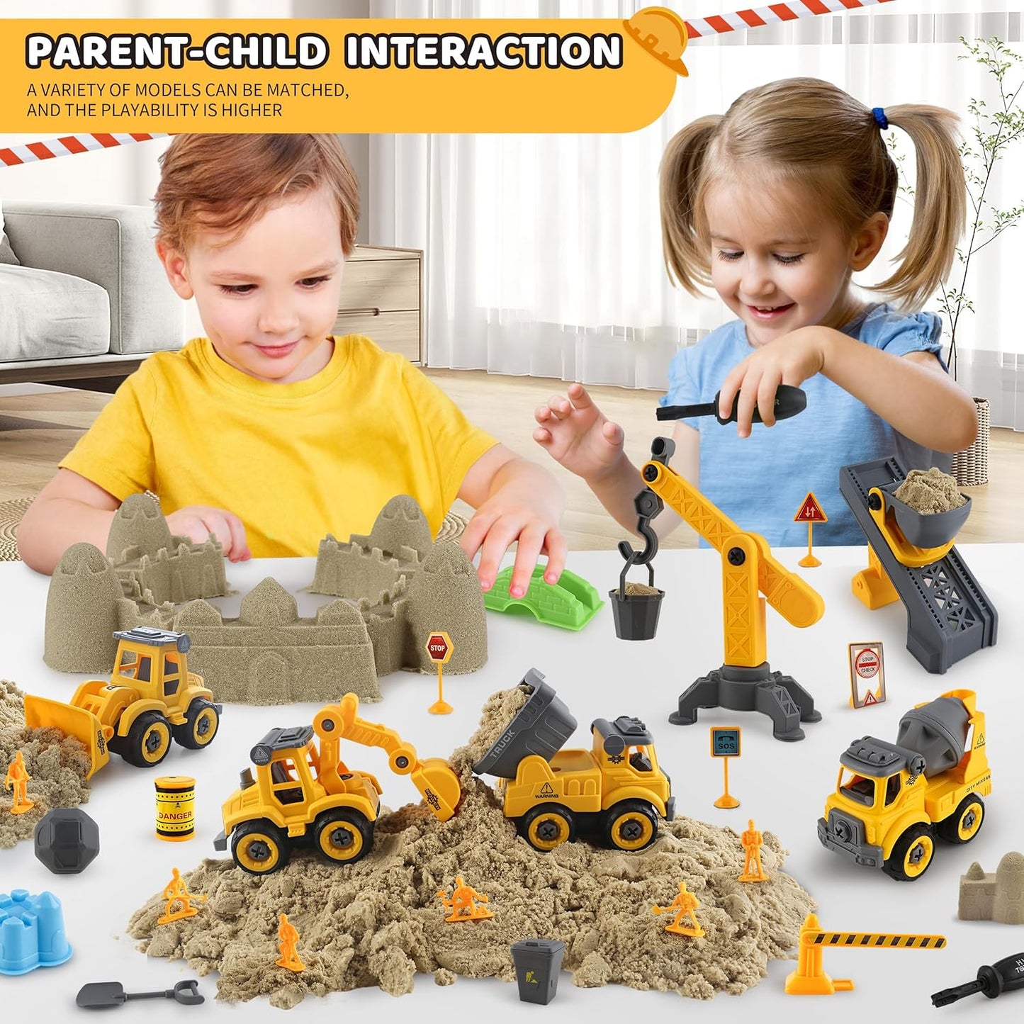 Asoxt 43-Piece Construction Sensory Playset – 2 lbs Play Sand, 4 DIY Trucks, Crane & Road Signs – Creative Sandbox Toy for Kids Ages 3+