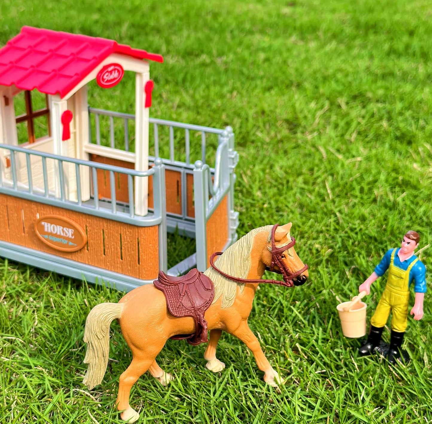 Peagrav Horse Stable Playset with Rider, Wash Area, Fence & Animal Figures - Gifts for Girls & Boys Aged 3-8