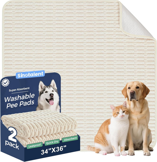 Washable Pee Pads for Dogs, 2 Pack Reusable Puppy Pads Dog Pads, Non-Slip Dog Pee Pads, Leakproof Pet Pee Pads Wee Wee Pads for Dogs. (Cream White, 34"x36"(Pack of 2))