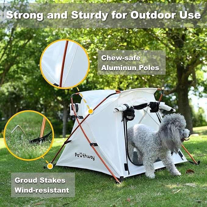 Dog Tent Cat Tent with Aluminum Poles and Camping Mat, Outdoor Waterproof Pet Tent with Zippered Mesh Door, Dog House, Cat House, Pet Playpen, Portable and Collapsible (White, Small)