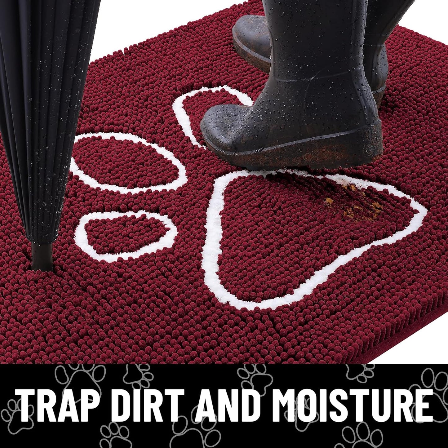 Smiry Dog Door Mat for Muddy Paws, Absorbent Dirt Trapper Non Slip Quick Dry Washable Chenille Mat for Mud Dogs, Entry Rug for Indoor and Outdoor (47x24 Inches, Burgundy)