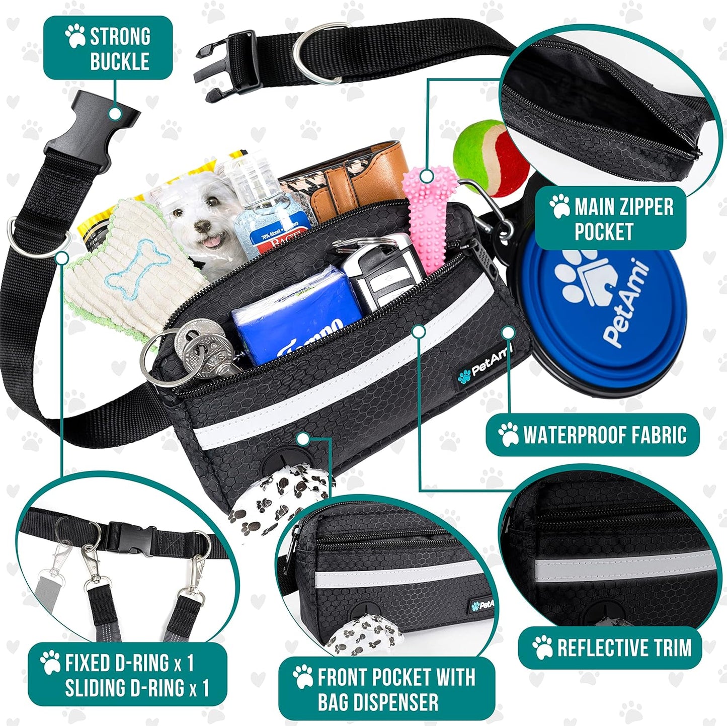 PetAmi Hands Free Dog Leash, Dog Running Leash Belt for Walking Jogging, Dog Waist Zipper Pouch Fanny Pack with Poop Bag Dispenser, Dual Padded Handle Bungee Leash for Small Medium Large Dogs, Single