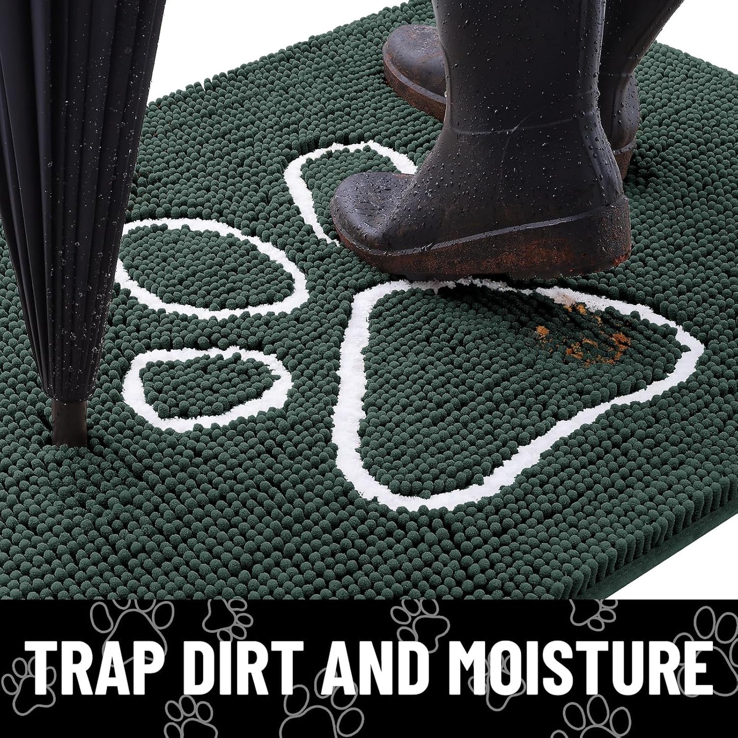 Smiry Dog Door Mat for Muddy Paws, Absorbent Dirt Trapper Non Slip Quick Dry Washable Chenille Mat for Mud Dogs, Entry Rug for Indoor and Outdoor (24x16 Inches, Green)