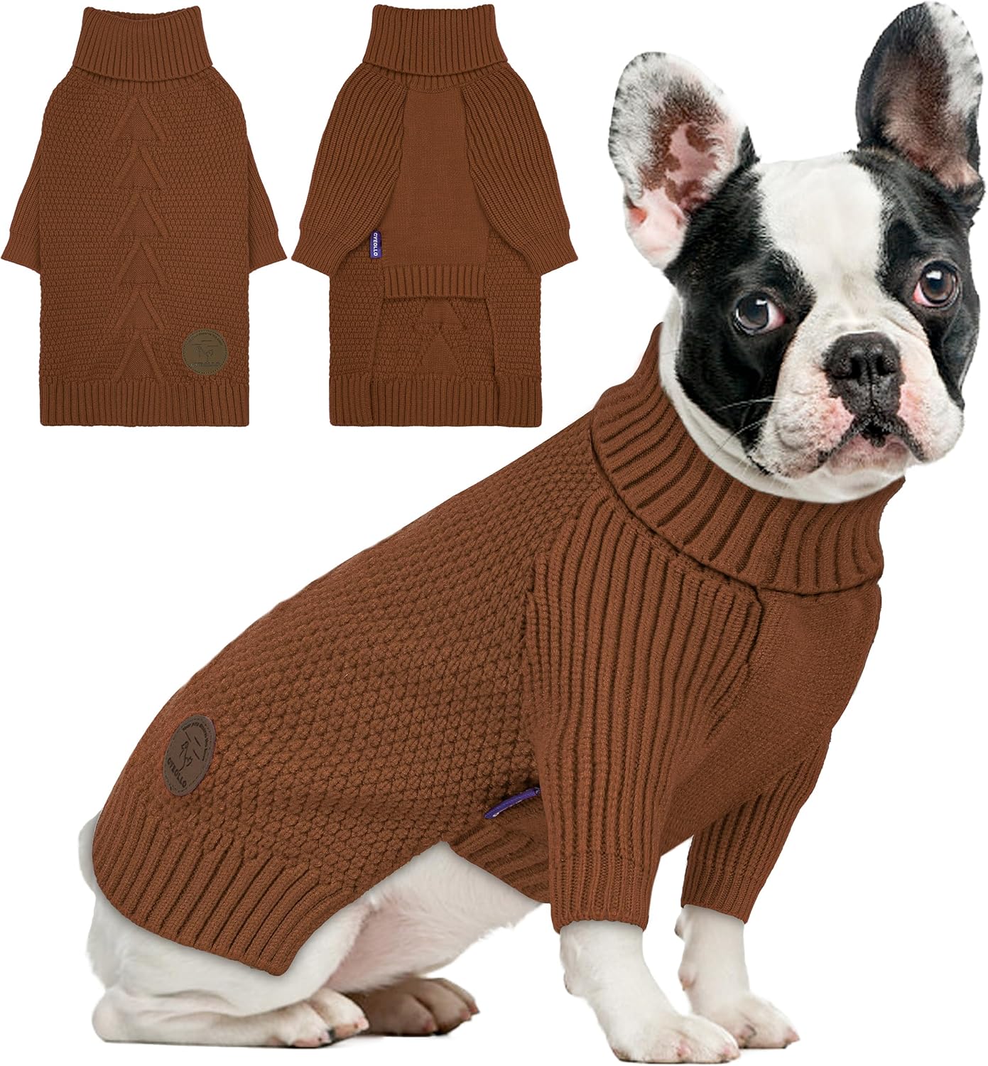 cyeollo Dog Sweaters for Small Dogs Boy, Pullover Turtleneck for Dogs Male, Knitted Doggy Fall Winter Warm Cold Weather Dog Clothes Apparel with Sleeves, Brown L