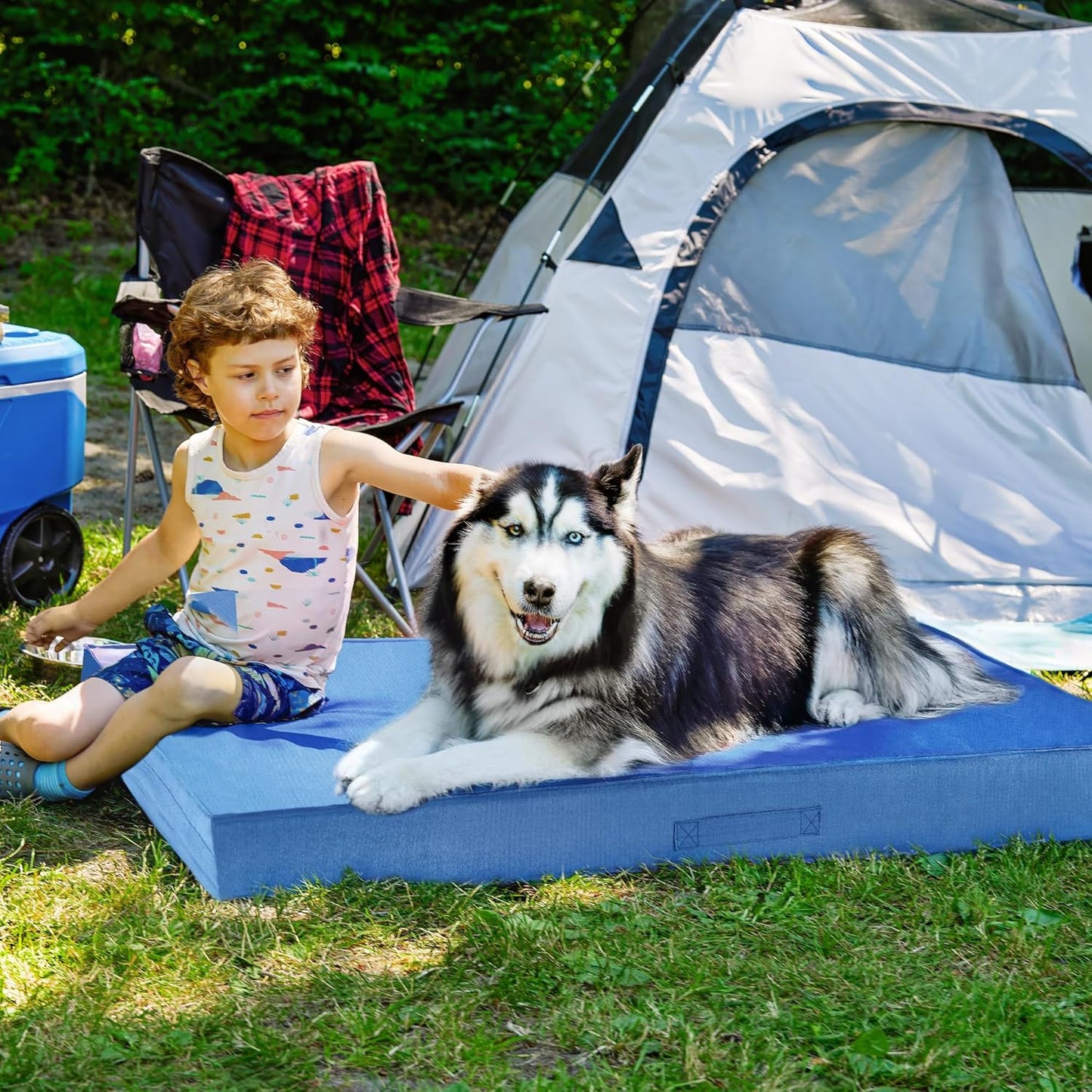 FurHaven Cooling Dog Bed – XXL Foam Mattress for Joint Pain Relief, Waterproof Liner, Removable Washable Cover, Durable for Outdoor Use, Deluxe Grid Indoor/Outdoor Bed – Blue, Jumbo Plus