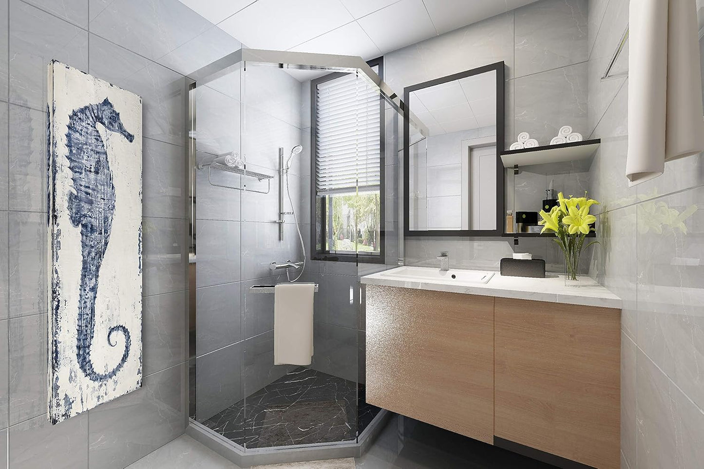 Yihui Arts Seahorse Wall Art Hand Painted Costal Paintings Blue Pictures Canvas Artwork for Living Room Bedroom Decoration