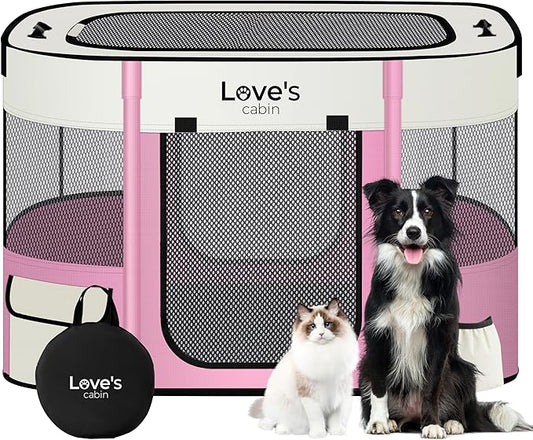 Love's cabin Pet Puppy Dog Playpen, Large Dog Tent Crates Cage Indoor/Outdoor, Portable Exercise Playpen for Cat, Foldable Pop Up Dog Kennel Playpen with Carring Case (L, Light Pink)
