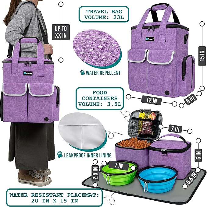 PetAmi Dog Travel Bag Pet Supplies Accessories Organizer for Traveling, Camping, Weekend; Cat Pet Travel Bag Kit Includes 2 Food Storage Containers, 2 Collapsible Bowls, 1 Feeding Mat (Purple)