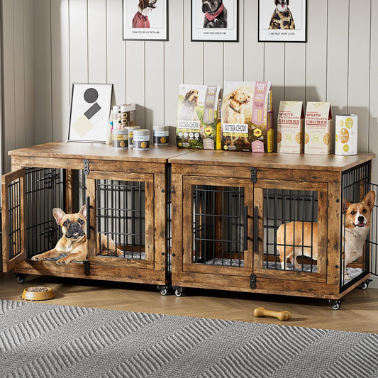 Lulive Dog Crate Furniture Set of 2, Dog Kennel Indoor Double Doors Wooden Dog Cage, 32'' Heavy Duty Dog Crate with Cushion & Wheels, End Table Pet House Chew-Resistant Up to 45 lb, Rustic Brown