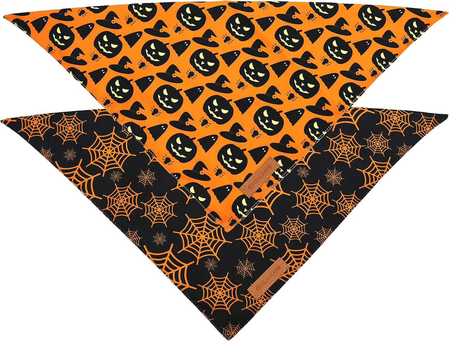 Realeaf Halloween Dog Bandanas 2 Pack, Pumpkin and Spider Web Bibs, Triangle Reversible Fall Pet Scarf, Premium Durable Fabric, Adjustable Fit (Large)