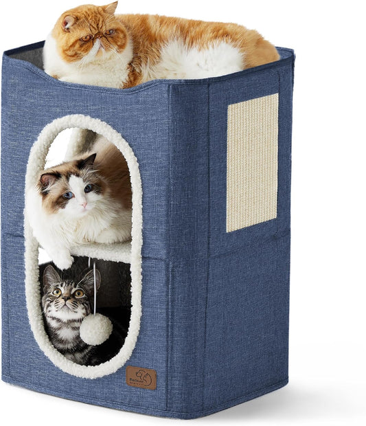 Bedsure 2 Story Cat House - Cat Condos for Indoor Cats with Scratch Pad and Fluffy Ball Hanging, Small Pet Cave Furniture Hideaway for Multi Pets, 18x14x23 inches, Blue
