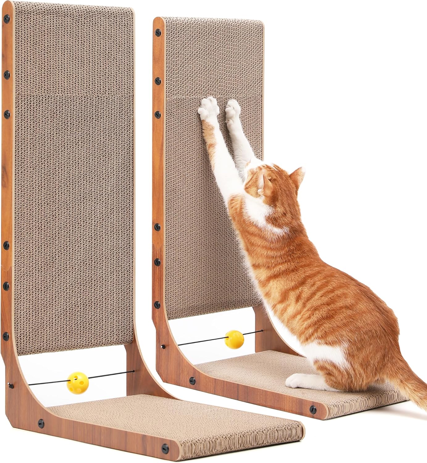 FUKUMARU Cat Scratcher, 26.8 Inch Cat Scratch Pad for Indoor Cats, L Shaped Cardboard Vertical Cats Scratching Board with Ball Toy, Walnut Color, 2 Packs