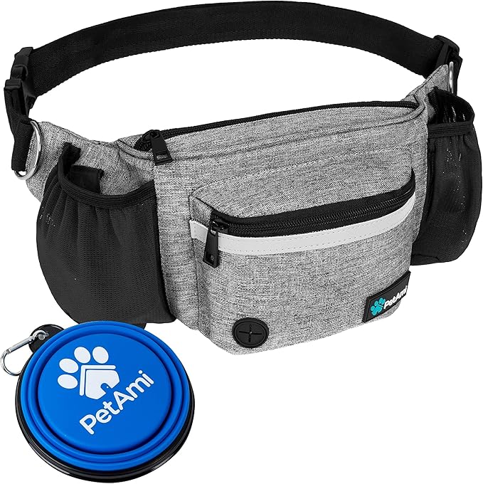 PetAmi Dog Fanny Pack, Treat Pouch for Dog Walking, Training, Built in Poop Bag Dispenser, Water Bottle Holder, Collapsible Bowl, Pet Treat Waist Belt for Hiking, Running, Kibbles (Grey)