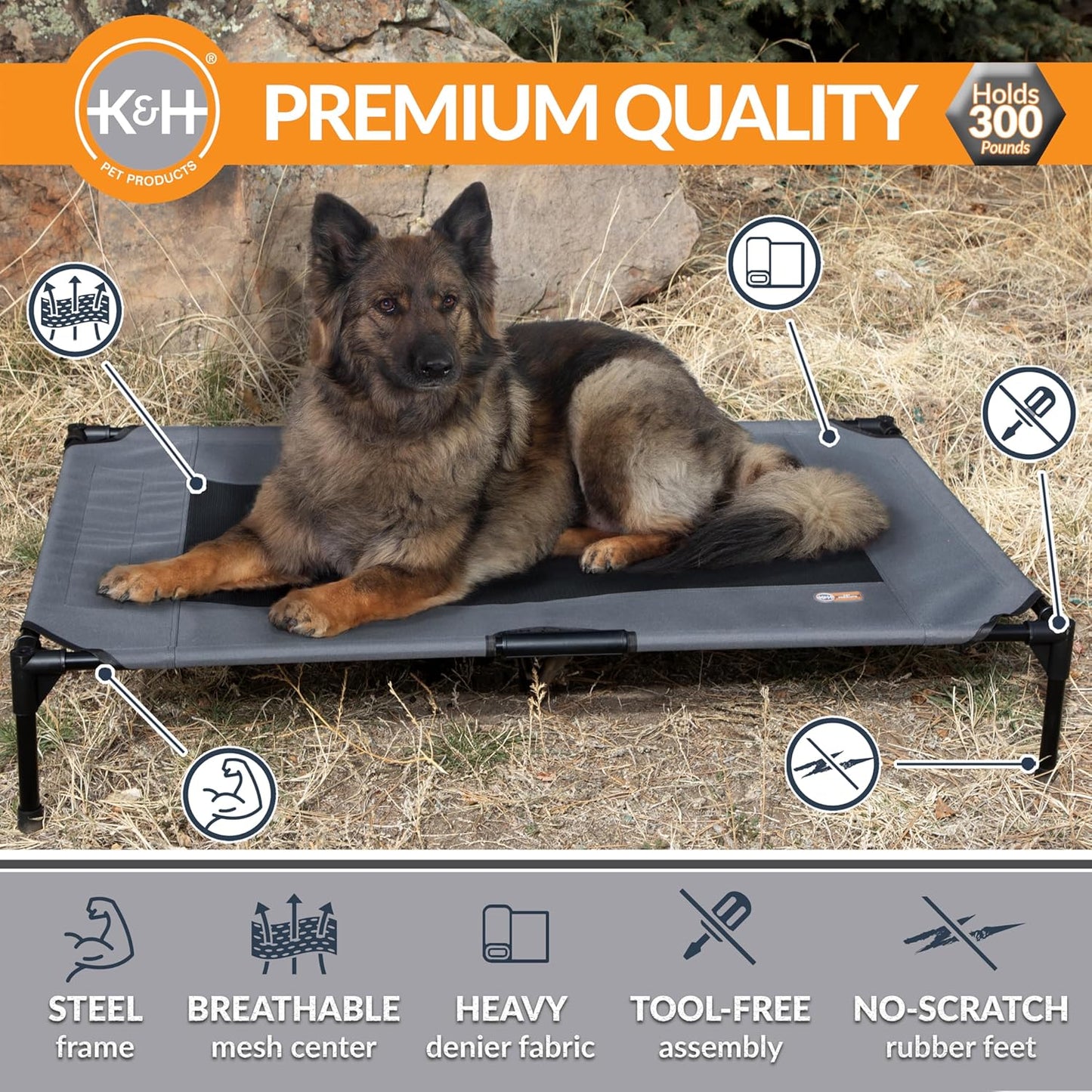 K&H Pet Products Outdoor Elevated Dog Cot, Breathable Cooling Elevated Cot Hammock Pet Bed for XL Dogs, Washable Mesh Cover, Raised Metal Frame, Collapsible, Portable - Extra-Large 50 X 32 Charcoal