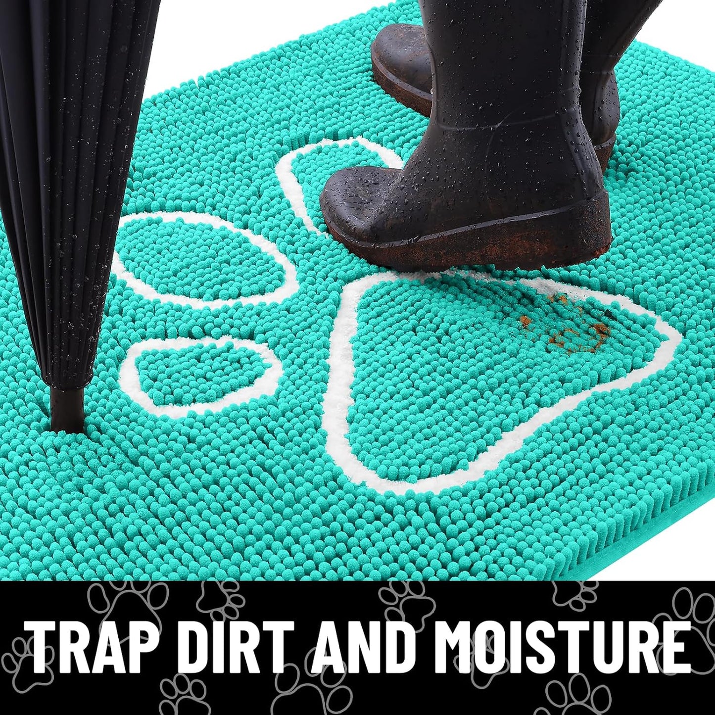 Smiry Dog Door Mat for Muddy Paws, Absorbent Dirt Trapper Non Slip Quick Dry Washable Chenille Mat for Mud Dogs, Entry Rug for Indoor and Outdoor (59x35 Inches, Turquoise)