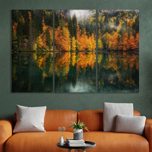 Nature Wall Art Prints - Ocean Forest Mountain Lake Canvas Landscapes - Small to Extra Large Living Room Bedroom Kitchen Bathroom Décor (Autumn by the Lake, 31L" x 47W" - 3 Panels)