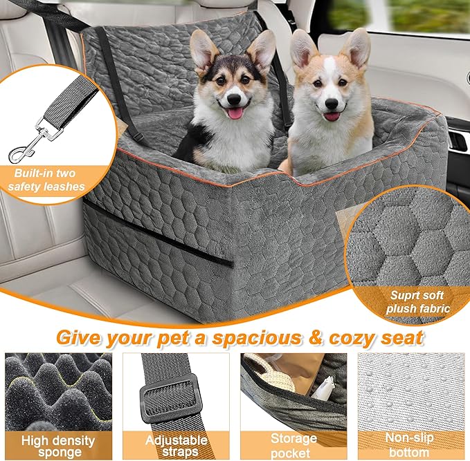 Dog Car Seat for Medium/Large Dog Booster Seat Under 60 lbs or 2 Small Dogs, Multi-Functional Pet Car Seat with Thick Cushion, 2 Safety Leashes (Gray)